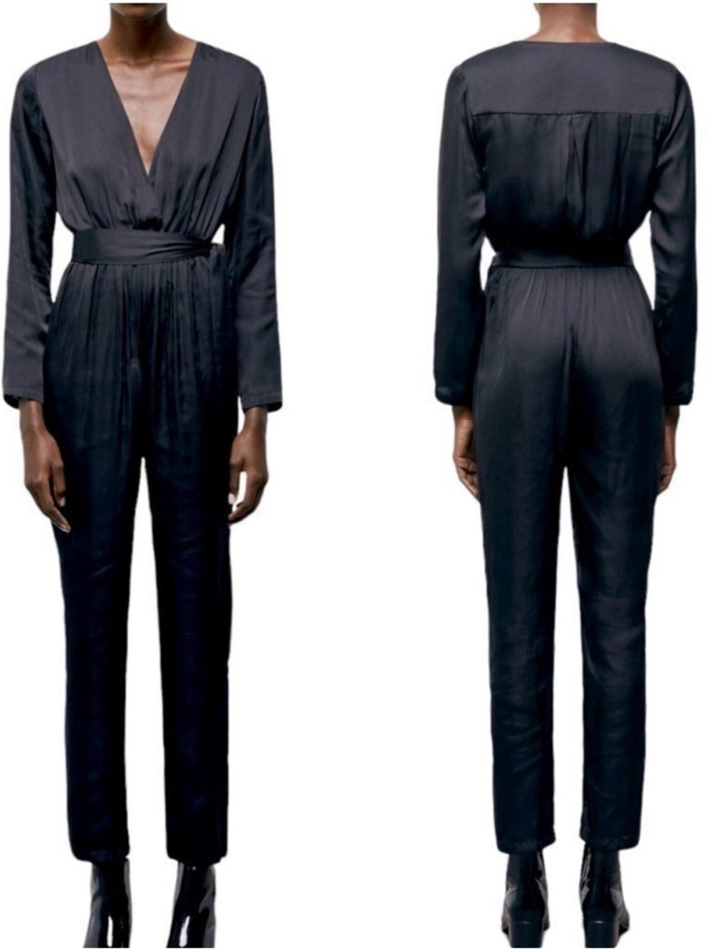 The Kooples Black Wrap Jumpsuit Long Sleeve Tie Waist V Neck Black Magic